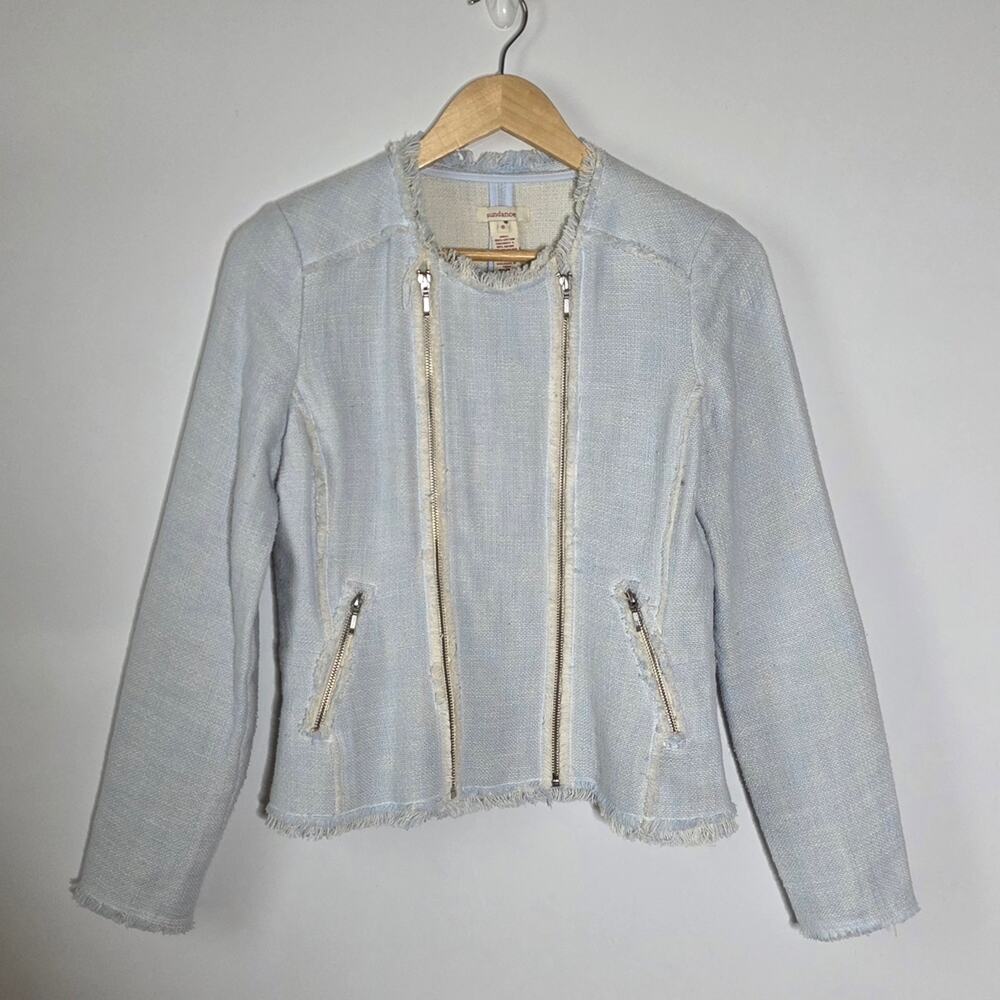 Sundance Light Blue Tweed Fringe double front Zip Jacket Size 6 Great Condition